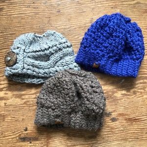 Hand Made Crochet Messy Bun Ponytail Winter Hat Lot (3) Earthy Colors